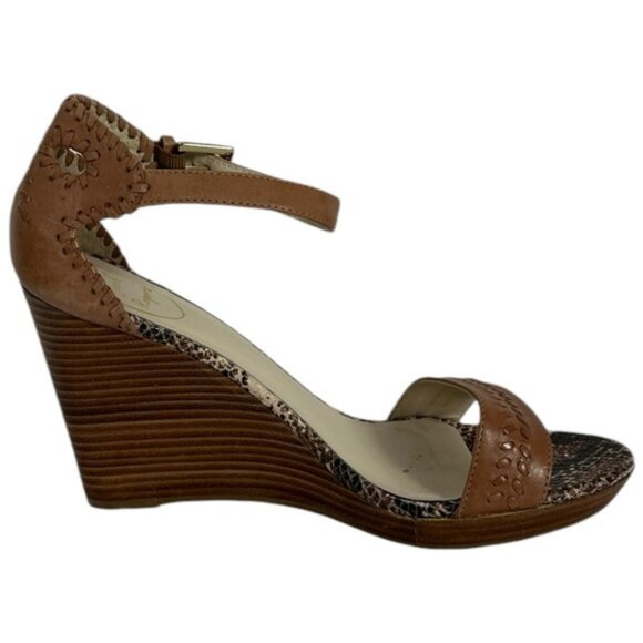 Jack Rogers Brown Wedge Sandals Womens Size 8.5 M Leather Bohemian Brazil Snake - Picture 9 of 16